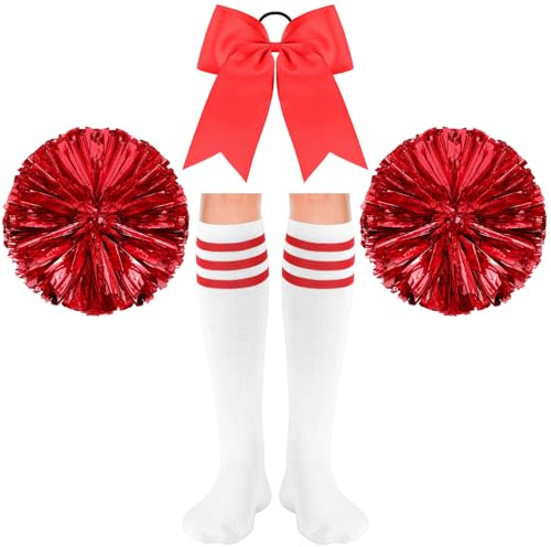 Sinmoe Set de 4 Disfraces de Animadora de Halloween 2 Pompones de Porristas de Lámina Metálica 1 Lazo Grande de Pelo 1 Par de Calcetines Térmicos Deportivos hasta Rodilla para Danza Evento (Rojo)