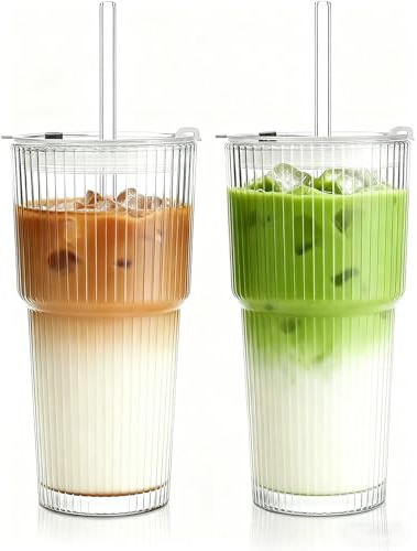 VITEVER Lot de 2 gobelets en verre nervurés de 600 ml, avec couvercle et paille, pour café glacé, long drink, smoothie, design hermétique et étanche, idéal comme café
