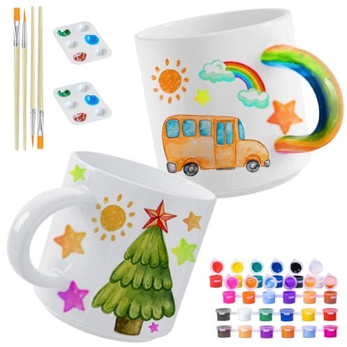 ONLYFUN Paint Your Own Mug Set – Pottery Painting Kit for Adults & Kids, Includes 2 Ceramic Mugs, 12 Paint Colours, Brushes & Inspiration Guide – DIY Craft Gift for Birthdays & Holidays