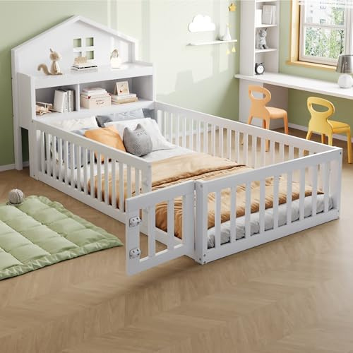 WIZBED Kinderbett Bodenbett 90 x 200 cm mit Staufächern und Fenster, Hausbett Massivholz Einzelbett mit Sicherheitsgitter und Türchen, Weiß, ohne Matratze
