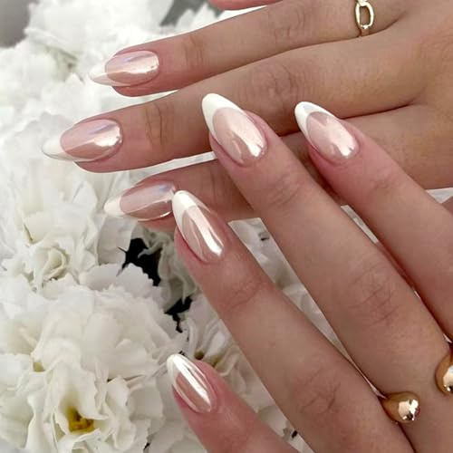 French Unghie Finte Bianche - Confezione da 24 Unghie Finto Gel a Mandorla - Unghie Artificiali Traspiranti a Copertura Totale - Unghie Finte Perlate Lucide per Applicazione con Adesivo per Donne