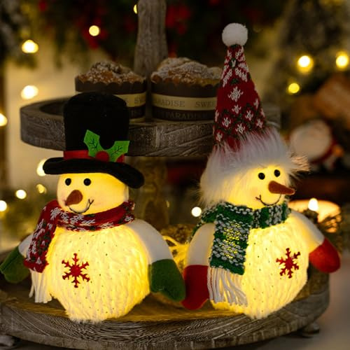 Christmas Snowman Plush Decoration, 10 Inch Lighted Plush Snowman Figurine, Light Up Winter Tabletop Ornament, Battery Operated Xmas Gifts, for Home Fireplace Desk (2P)
