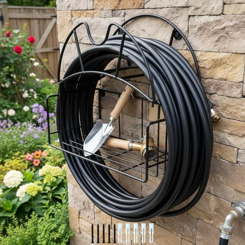 Garden Water Hose Holder, Heavy Duty Hose Pipe Wall Bracket with Tool Storage Basket, Decorative Metal Mounted Hose Hanger Up to 150Ft for Outside Yard Garden