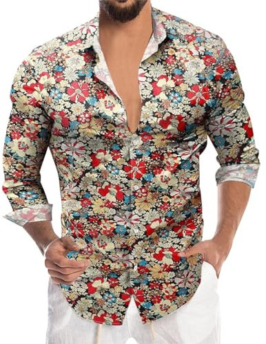 RUMAOZIA Chemise colorée à manches longues pour homme, style hippie, années 70, 80, floral, business, arc-en-ciel, rétro, hawaïen, pour les loisirs, les fêtes, la rue, motif cachemire vintage