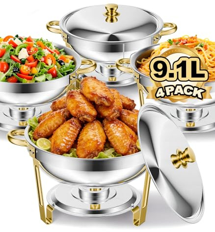 HAAYOT 9.1 Litre 4 Pack Chafing Dish for Buffet, Chafing Dish Buffet Set of 4, Round Stainless Steel 8QT Chafing Dishes and Food Warmers, Buffet Trays for Any Parties