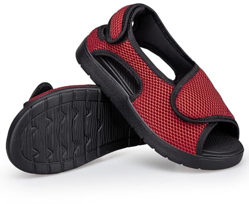 Gaatpot Zapatillas Diabéticos Mujer Sandalias de Rehabilitación Hombre Ajustables Extra Anchas Ligeras Ortopédica Zapatos para Caminar Artritis Edema Respirable Rojo EU41