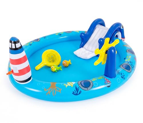 SOARS Piscina Gonfiabile Bambini, Parco Giochi Acquatico a Tema Marino con Scivolo, Irrigatore, Timone, 2 Pesci Giocattolo, Retino e 2 Toppe di Riparazione per Bambini 2-6 Anni, 188 X 153 X 63 CM