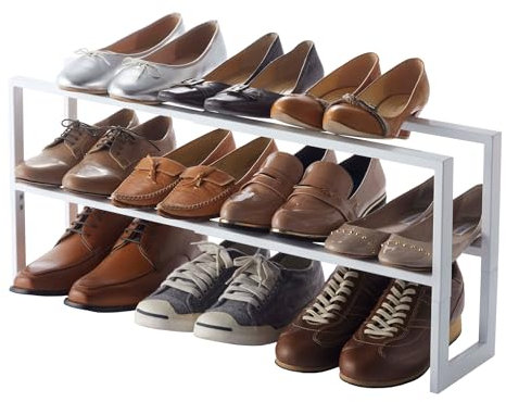 Yamazaki 3190 LINE 2-stöckiges ausziehbares Schuhregal, weiß, Stahl, minimalistisch, 38 x 15 x 30 cm