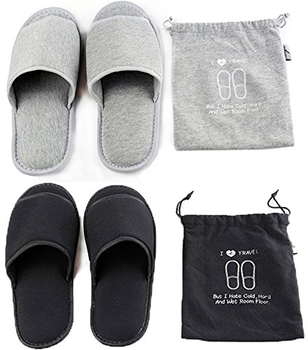 2 Pair Portable Travel Slippers - Open Toe Sandals - Spa Hotel Slippers for Guest Room, Indoor House, Business & Flight - Black Grey Size 4-10 UK