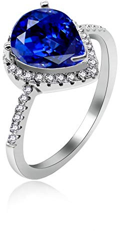 Uloveido Anillos de Solitario de Plata esterlina únicos, Forma de Pera Anillos de halo de circonio cúbico Azul Marino para Mujer Novia (Azul, Talla 14) JZ116