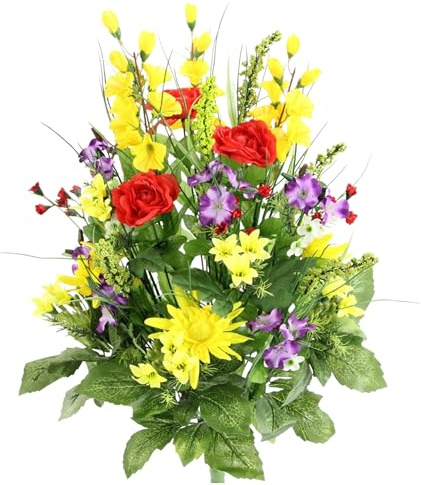 Admired By Nature 30 Stem Artificial flowers Morning Glory & Ranunculus Bush Spring Faux Flower Arrangement for Outdoor & Indoor Wedding home decor, Cemetery Decorations For Grave, Yellow Red Purple