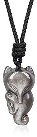 COAI Geschenkideen Unisex Glückskette mit Fuchs Anhänger aus Obsidian Silber Talisman Kette