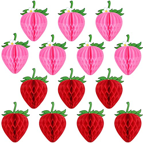 14 Pieces 6 Inches Strawberry Honeycomb Birthday Party Decorations Paper Strawberry Ball Tissue Shortcake Party Decorations for Girls Baby Shower Birthday(Red, Pink)