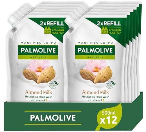 Palmolive Ricarica Sapone Liquido Mani Latte e Mandorla 500 ml x 12 I Formula Delicata I Eco Ricarica I Contribuisce a ridurre la quantità di rifiuti plastici I Vegano I Dermatologicamente testato