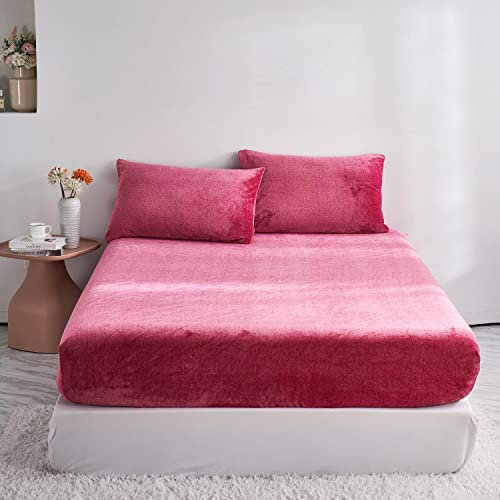 Damier Winter Spannbettlaken 90x200cm Rot Flauschige Warme Samt Bettlaken Teddy Plüsch Spannbetttuch Geeignet für 30cm Matratze