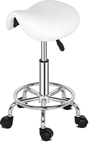 TactFire Sattelhocker Rollhocker Arbeitshocker Höhenverstellbarer 360-Grad-Drehhocker mit Rollen für Büro, Salon, Massage und Spa (Weiß)