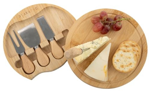DYANATIC Cheese Board and Knife Set with Hidden Knife Tray – Charcuterie Boards and Serving Tray with Wooden Handle Knives, Forks, and Drawer – Cheese Board Gift Set for Entertaining and Parties