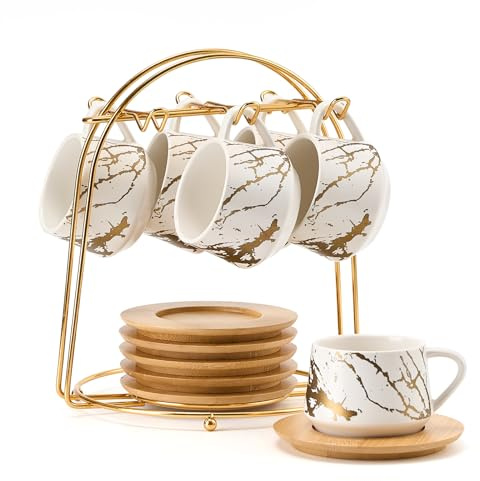LUKA Ceramic Espresso Cups with Saucers and Metal Stand, Small 4 oz Porcelain Demitasse Cups Set of 6, Cute Cappuccino Coffee Cups for Double Espresso, Tea, Marbling White