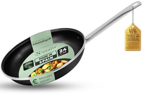 Novaliv Energiesparpfanne 24 cm Einsparung bis zu 40% - Emaillierter Stahl, Antihaft Beschichtung innen, sehr leicht zu reinigen, Schwarz Pfanne für alle Herdarten Spülmaschinenfest Edelstahlgriff