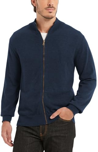 Kallspin Cardigan à fermeture éclair intégrale pour homme en pur coton à col montant cardigan classique léger, indigo, Taille XL