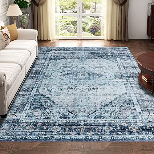 Xfrog Machine Washable Rug Large Vintage Area Rug Short Pile Non-Slip Traditional Rug Carpet for Living Room Office Kitchen Dining Blue 160x230CM