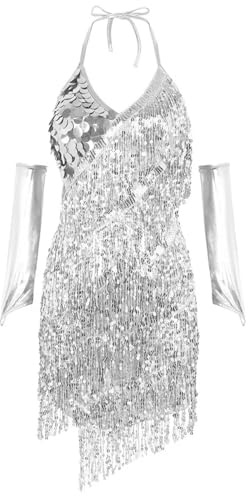 Robe De Danse Femme Dos Nu- Robe Soiree Paillette Sexy-Robe Fete à Frange Col V Sequins Brillante Glitter éTincelante Dress pour Carnaval FêTe Party Rave Latine Gala Rockabilly Robes