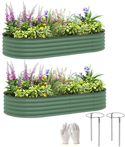 Outsunny Set of 2 Raised Beds for Garden, Outdoor Galvanised Planter Box with Plant Support Stakes, Rubber Strap Edging and Bottomless for Flower, Vegetable, 181 x 93 x 30 cm, Green