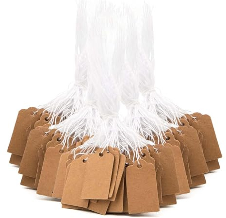 200 étiquettes pour pendentifs, 25 x 15 mm, papier kraft pour étiquettes de prix, étiquettes de prix, faites à la main, avec cordon élastique, pendentif pour bijoux, vêtements, cadeaux (marron)