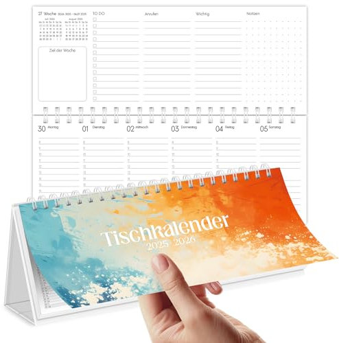 SKYDUE Tischkalender 2026 Quer, Kalender 2025 Tischkalender, Wochenkalender Von Juli 2025 Bis Dezember 2026, Stehkalender Mit 1 Woche 2 Seiten, Kalender 29,7 X 11,7 cm(Orange)
