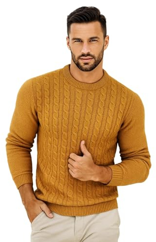 VEARZ Unisex Mens Casual Lightweight Crew Neck Winter Jumpers Cable Knitted Pullover - Adults Classic Soft Long Sleeve Thermal Sweater Tops for Men UK, Mustard