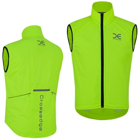 Crossedge Cycling Gilet High Viz Reflector Light Weight with Back Pockets Breathable, Sleeveless Vest Drawstring on Hem for Grip (UK, Alpha, L, Regular, Regular, Large, Fluorescent)