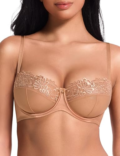 Deyllo Lace Mesh Bra for Women, Underwired Balconette Bra, Non Padded Half Cup Bralette with Adjustable Straps(Milky Coffee,36F)