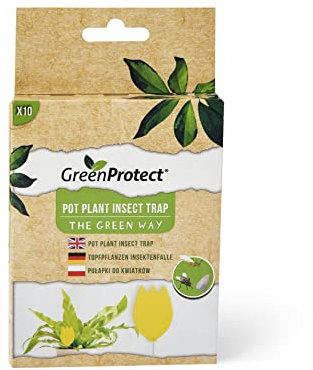 Green Protect Pot Plant Insect Traps - Yellow Dual Sided Sticky Fly Trap for Plant Insect Like Flying Aphid, Whiteflies, Leafminers, Other Flying Plant Insect - Pack of 10