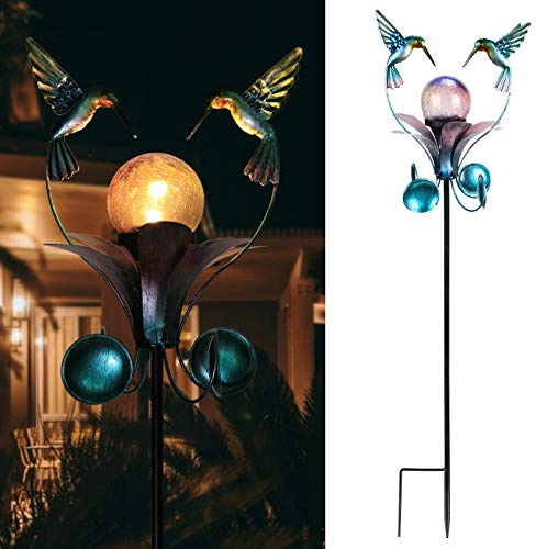 VCUTEKA Solar Lights Outdoor Metal Garden Stake Waterproof Crackle Glass Globe Garden Decor Hummingbird for Pathway, Lawn, Patio, Yard