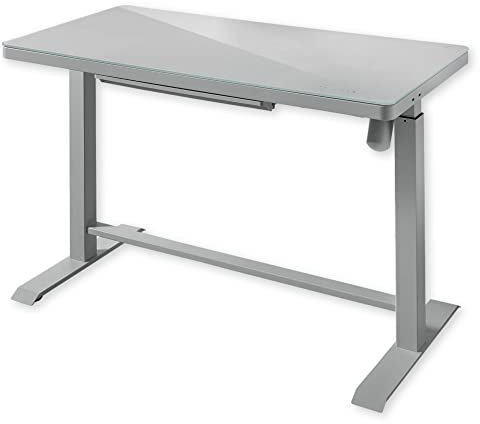 Stella Trading LIFT4HOME Schreibtisch höhenverstellbar elektrisch, Grau - Innovativ verstellbarer Bürotisch mit Glasplatte, Touch Bedienung & USB Ports - 120 x 72-120 x 60 cm (B/H/T)