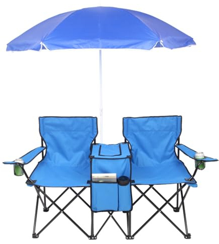 Outvita Folding Double Camping Chair w/Umbrella Beverage Holder Carrying Bag Cooler Fold Up Table, Large Bearing Capacity for Beach Patio Pool Park Outdoor Blue