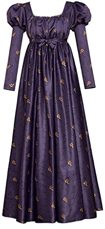 MyheroCos Women's Regency Empire Dress Jane Austen Vintage High Waist Tea Length Purple Floral Puff Sleeve Dress, XL