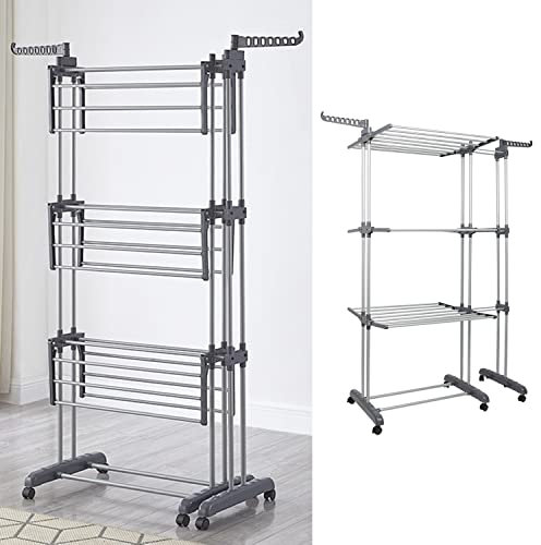ShiShi Etendoir a Linge sur Pied, Séchoir à Vêtements 3 Niveaux, Longueur Évolutive (75-142,5) cm, Sechoir à Linge avec Ailes Latérales, Acier INOX et Plastique (75-142,5)×49×170 cm, Gris-Argent D