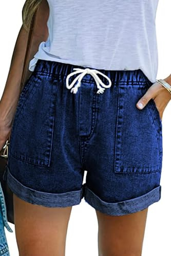 GOLDPKF Womens Denim Jean Shorts Cotton Casual Drawstring Elasticated Waist Shorts Summer Stretch Hot Pants