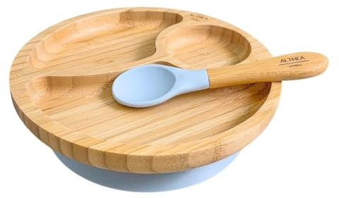 Althea Living - Set Svezzamento Bambù per Bambini | Piatto con Ventosa Diviso, Cucchiaio Silicone | Sicuro, Antimicrobico | Piatto Svezzamento Diviso in 3 Parti, Grigio Perla