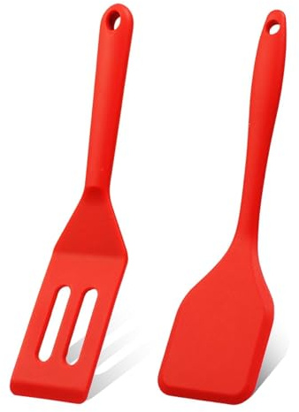 Dazzhues Mini Silicone Brownie Serving Spatula Set Flexible Non Stick Serve Turner Heat Resistant Cooking Spatula for Flip Eggs Crepe Steak Pizza Kitchen Utensil (Red)