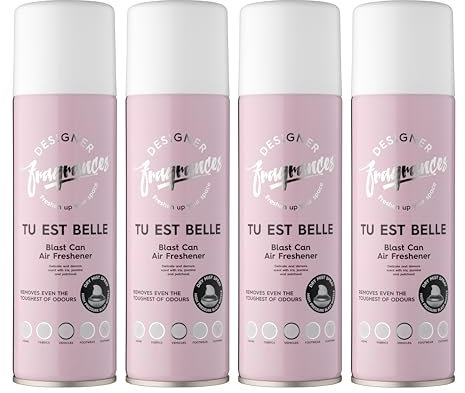 Designer Fragrances 4 Pack Tu Est Belle Air Freshener Blast Cans - For Home & Vehicles – Natural Oils, Luxury Lasting Smell, Dry Mist Quick Release Spray – Deodorise & Neutralise Odours – 300ml