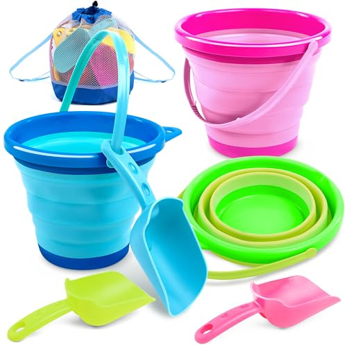 JOYIN 3 Packs Foldable Pail Bucket with Shovels & Mesh Bag, Collapsible Buckets Multi Purpose for Beach, Camping Gear, Beach Party, Fishing, and Fun Summer Activities (Blue/Pink/Green)