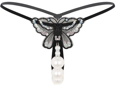 Yihuimin Micro String Ficelle Femme Sexy érotique Perles Brillant Tanga Thong Mini Slip Bikini T-Back Noir C M
