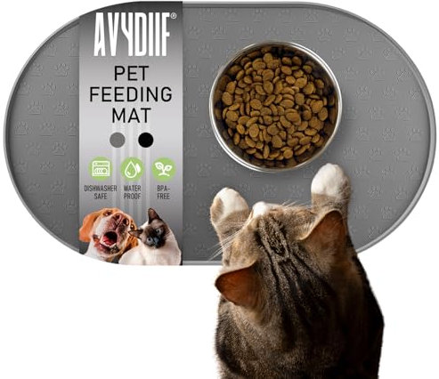 AVYDIIF Napfunterlage Hund Katzen, rutschfeste Futtermatte Silikon für Hundenapf Katzennapf, 100% wasserdichte Haustierfutter Matte mit Erhöhten Rändern, Spülmaschinenfest (Grau, M: 48 * 30cm)