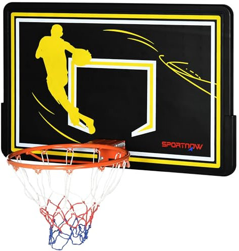SPORTNOW Panier de Basket Mural, Panier de Basket extérieur, Panneau incassable, Filet Anti-déchirure, Structure en Acier, Accessoires Montage incluses, pour intérieur et extérieur, Noir