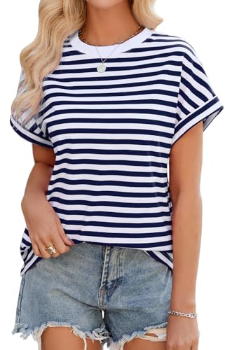 Xnova Tee Shirt à Manches Courtes Femme Rayé T-Shirts Ample Col Rond Oversize Haut Top Été Chic et Élégant Blouse Décontracté