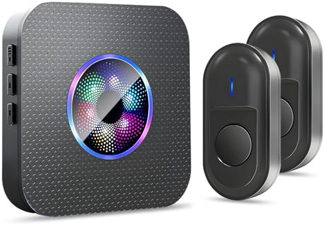 Funkklingel, Türklingel Funk Set, 300m Reichweite IP55 Aussen Wasserdicht Haustür Klingel mit 2 Sender, 55 Melodien, 5 Lautstärkestufen, RGB-Licht