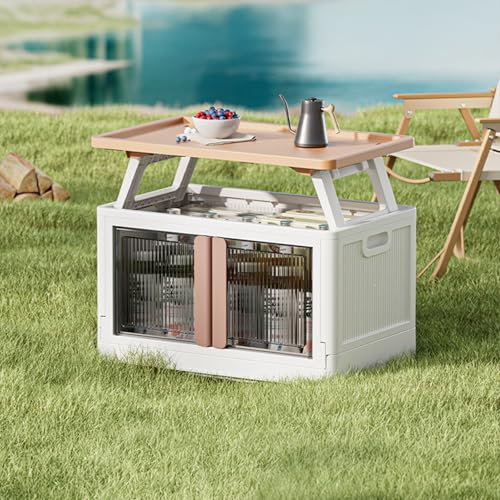 Warmiehomy Folding Camping Storage Cupboard Portable Camping Kitchen Unit Storage Box Table 2 in 1 for Outdoor Indoor,Brown,64x40x54cm