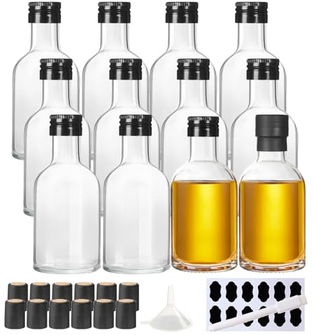 YBCPACK 12 stycken små glasflaskor för fyllning 100 ml tomma likörflaskor, snapsflaskor med skruvlock, krymplock, tratt, etiketter, penna, perfekt för ägglikör, snaps och juicer